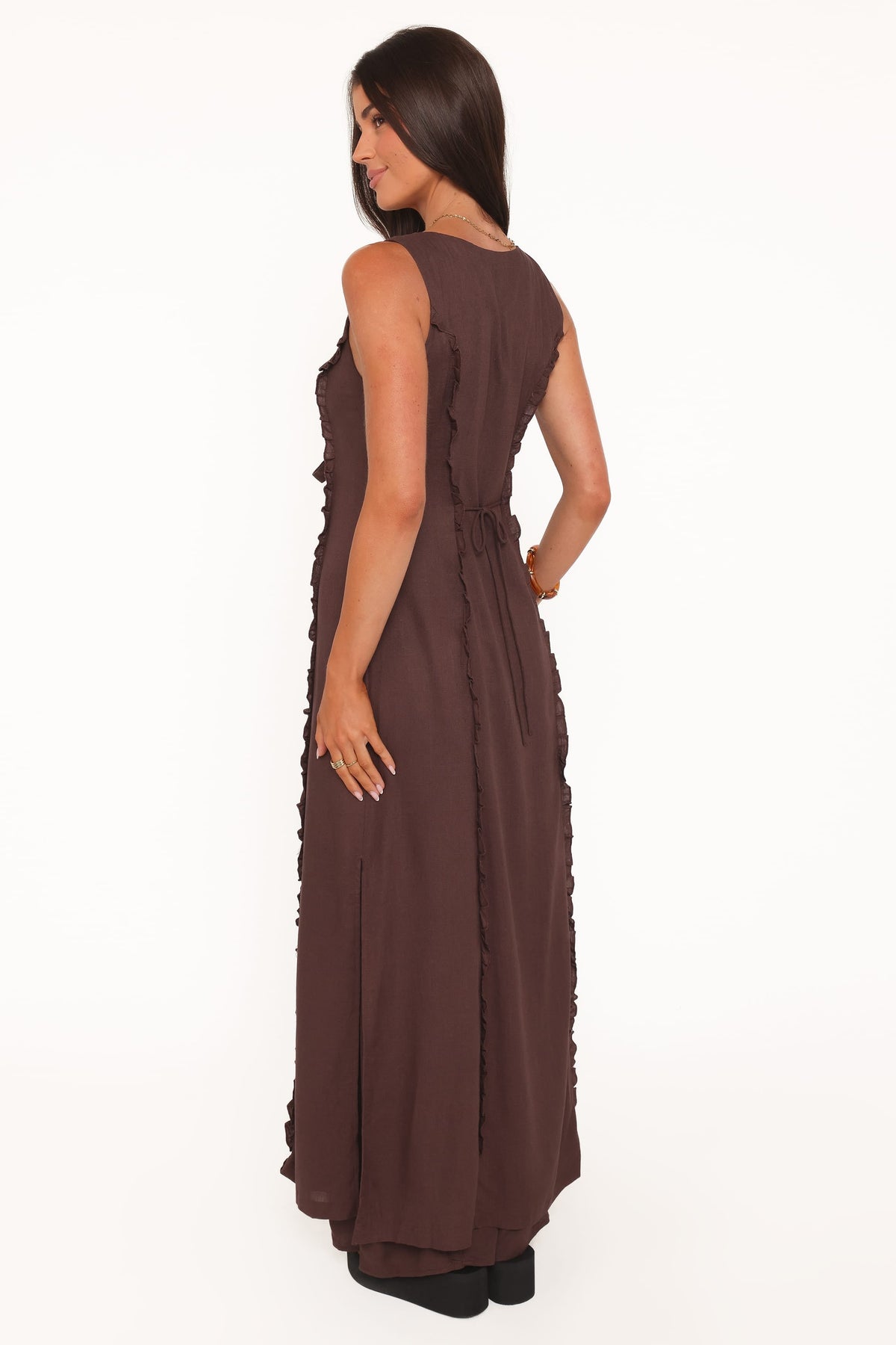 Sasha Frill Tie Front Top in Dark Brown – view 5 of 9