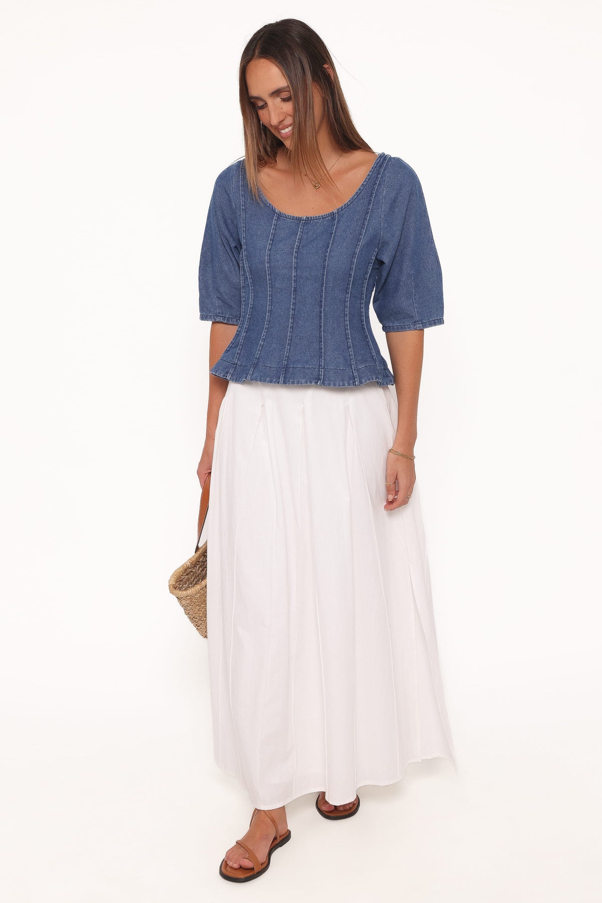 Saylor Denim Peplum Top in Blue Medium Wash – view 3 of 7