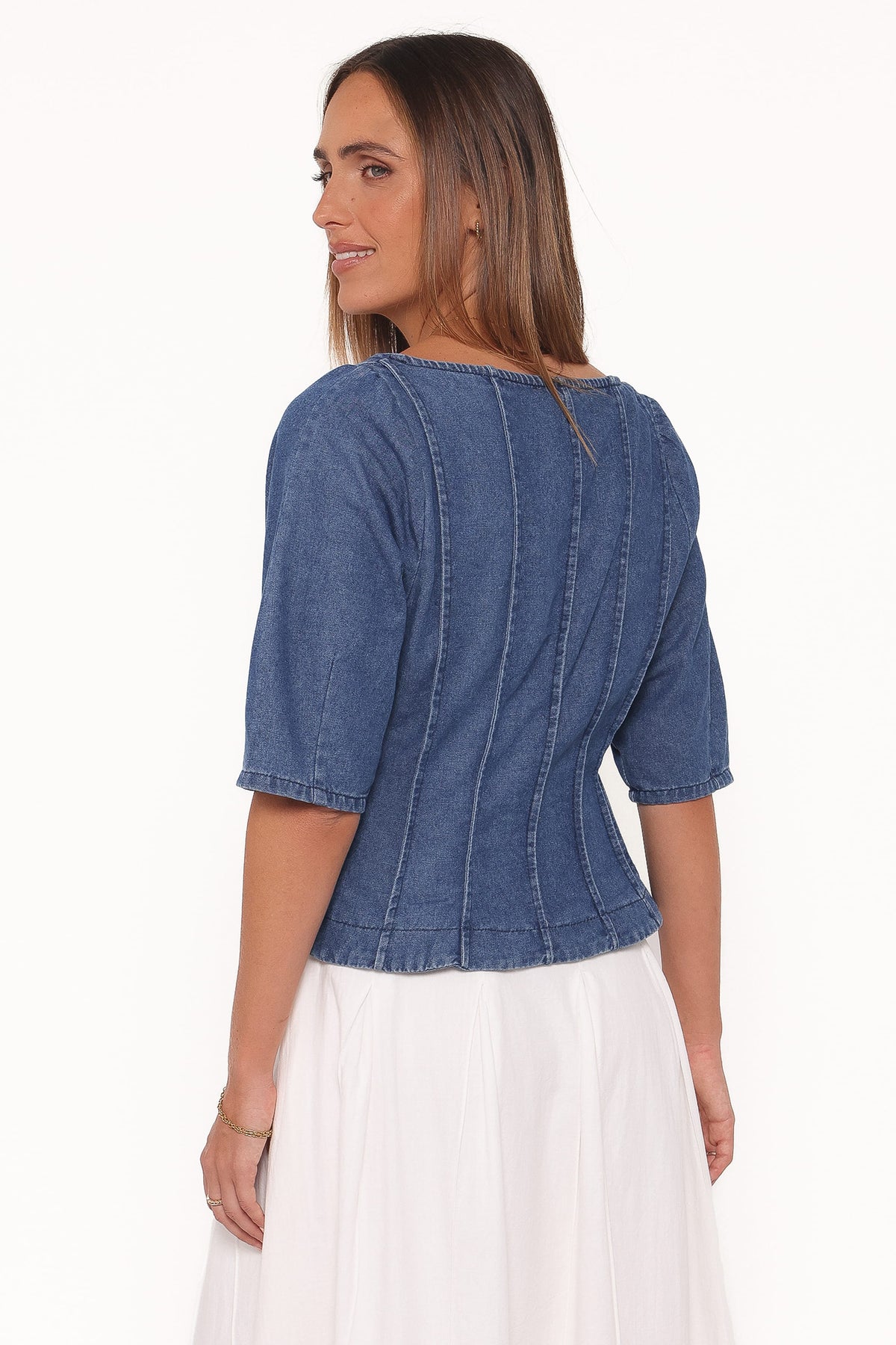 Saylor Denim Peplum Top in Blue Medium Wash – view 5 of 7