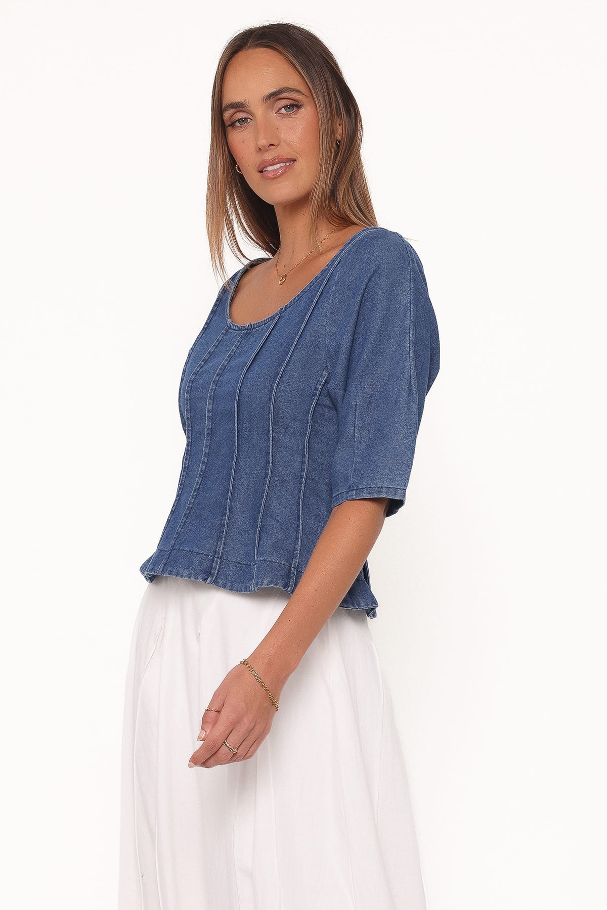 Saylor Denim Peplum Top in Blue Medium Wash – view 4 of 7