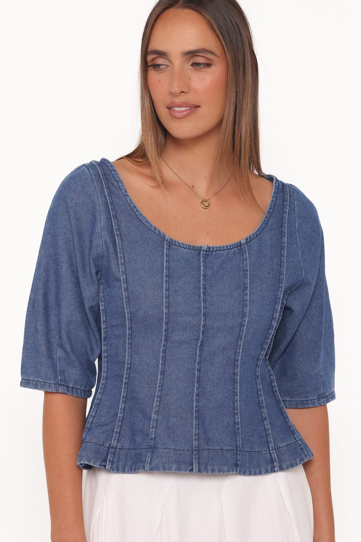 Saylor Denim Peplum Top in Blue Medium Wash – view 2 of 7