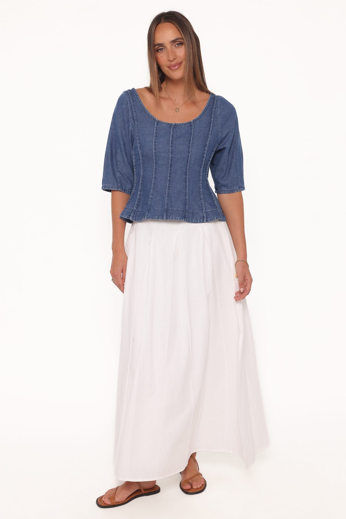 Saylor Denim Peplum Top in Blue Medium Wash – view 6 of 7