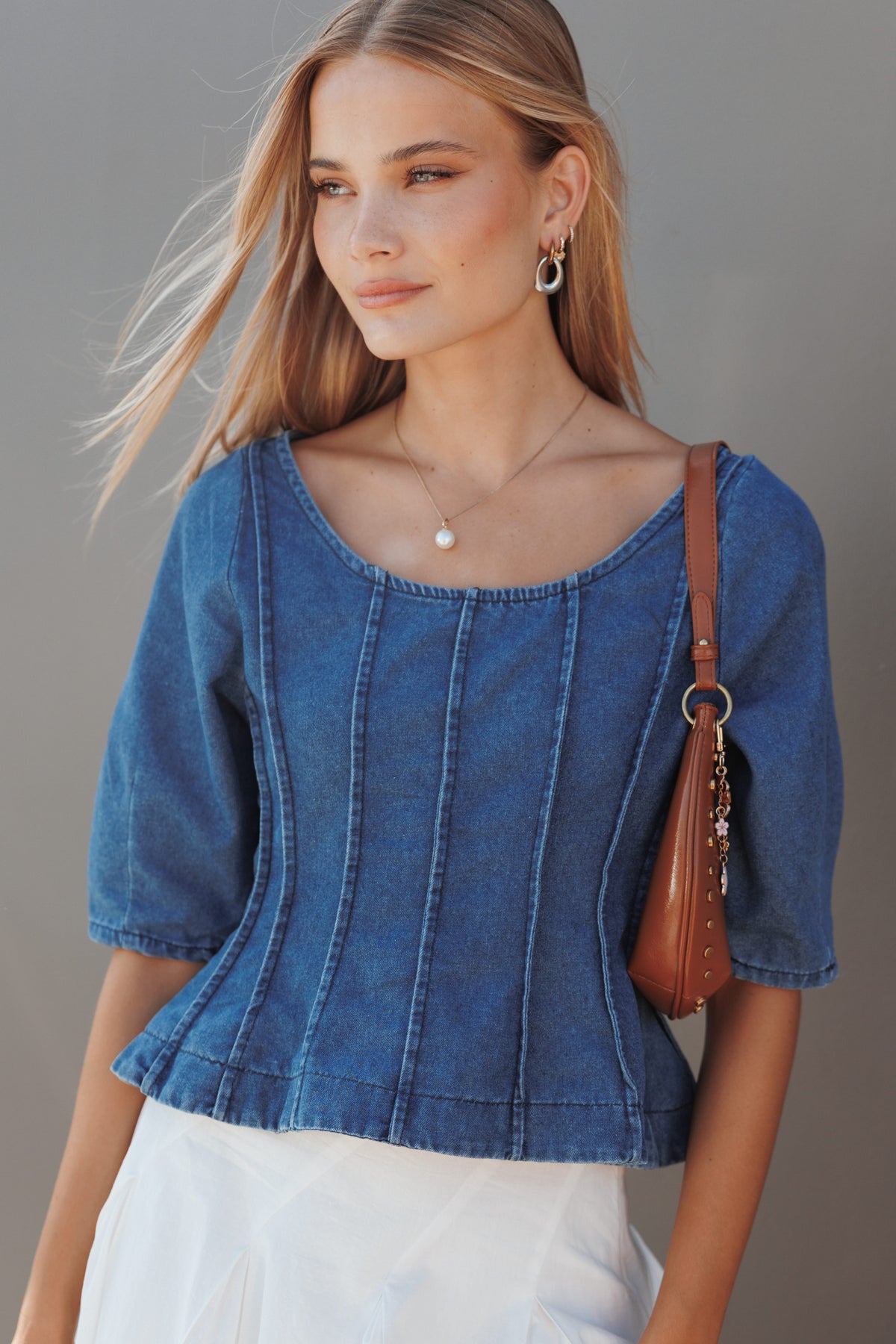 Saylor Denim Peplum Top in Blue Medium Wash – view 1 of 7