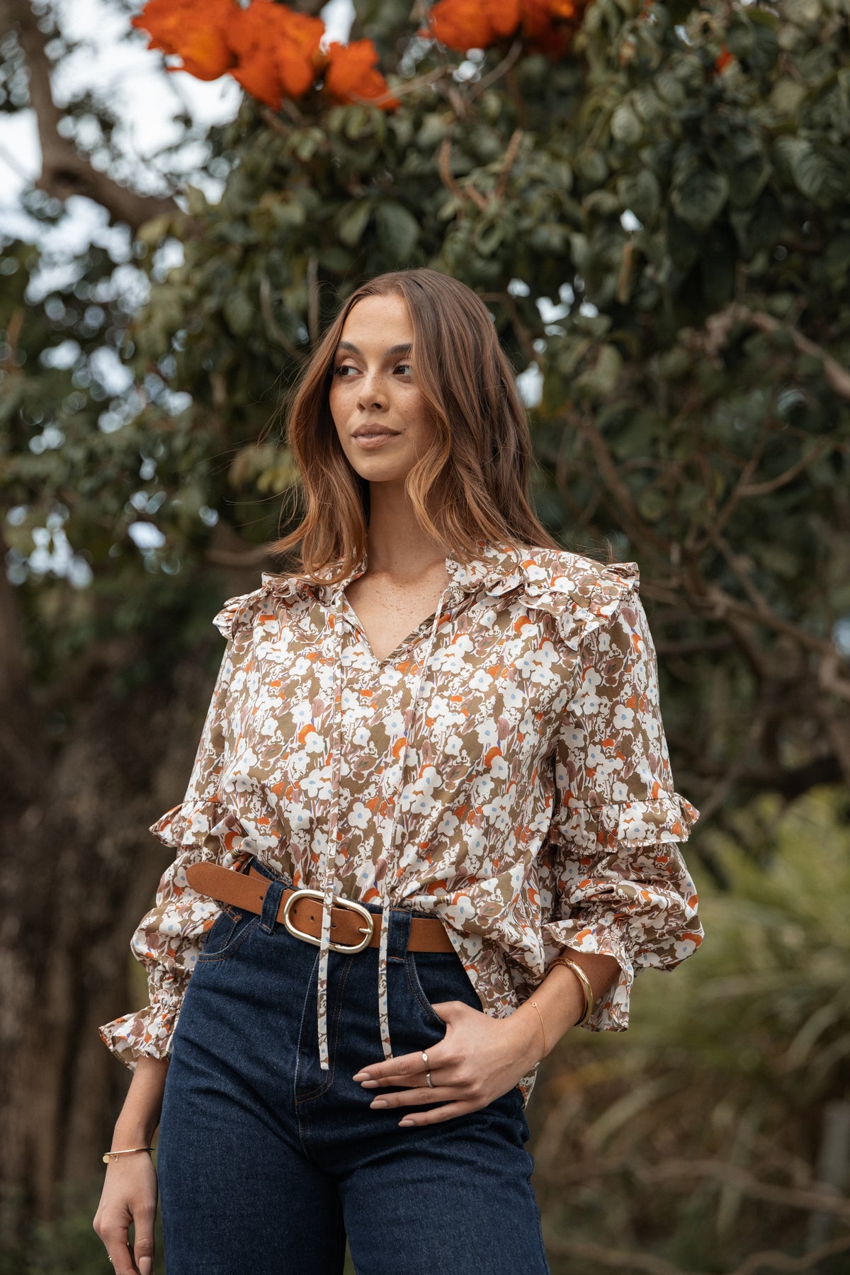 Selmah Long Sleeve Top in Cream Olive Orange – view 1 of 9