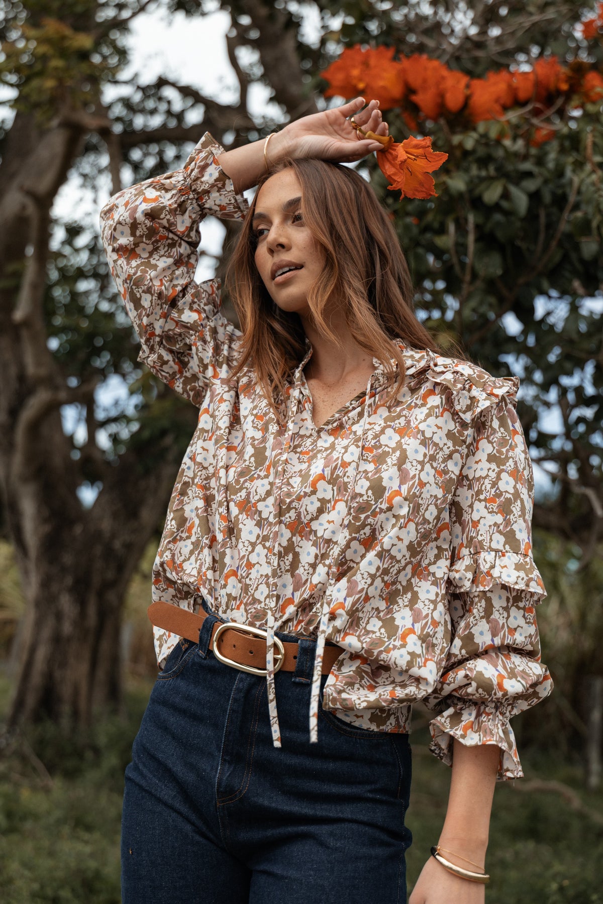 Selmah Long Sleeve Top in Cream Olive Orange – view 2 of 9