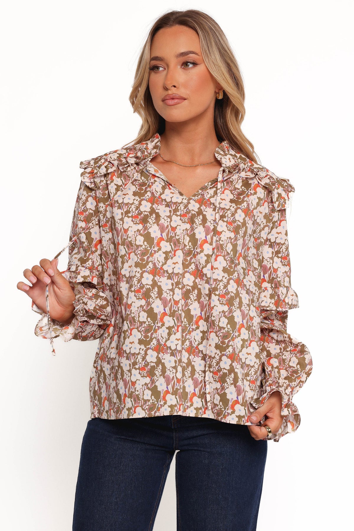 Selmah Long Sleeve Top in Cream Olive Orange – view 8 of 9