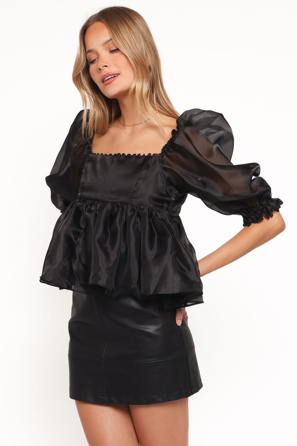 Solenne Puff Sleeve Peplum Organza Top in Black – view 4 of 7