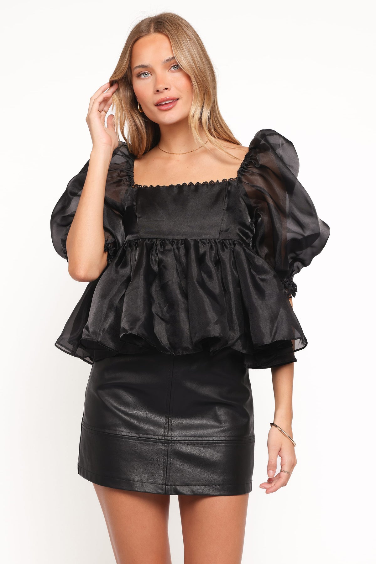 Solenne Puff Sleeve Peplum Organza Top in Black – view 2 of 7