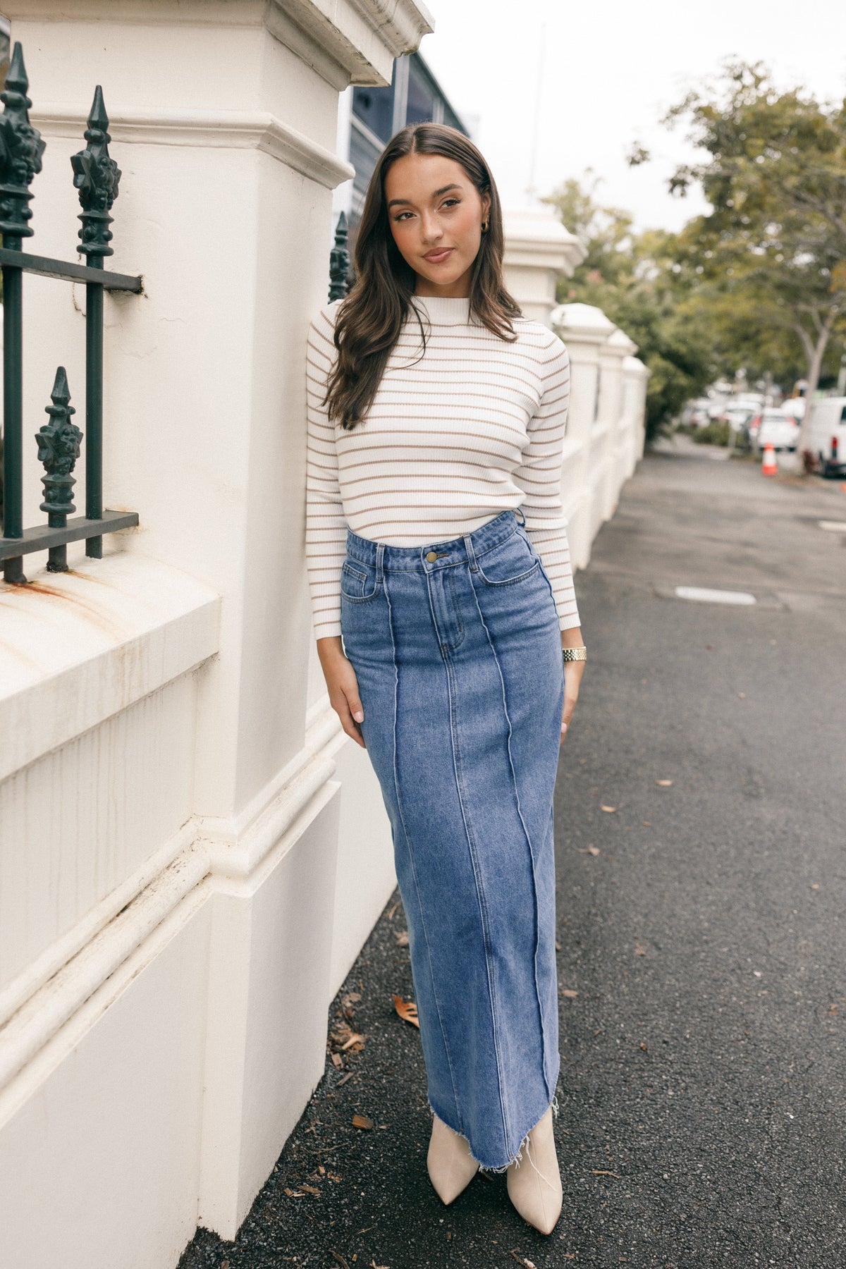 Stacie Ribbed Knit Top in Beige Stripe – view 2 of 10