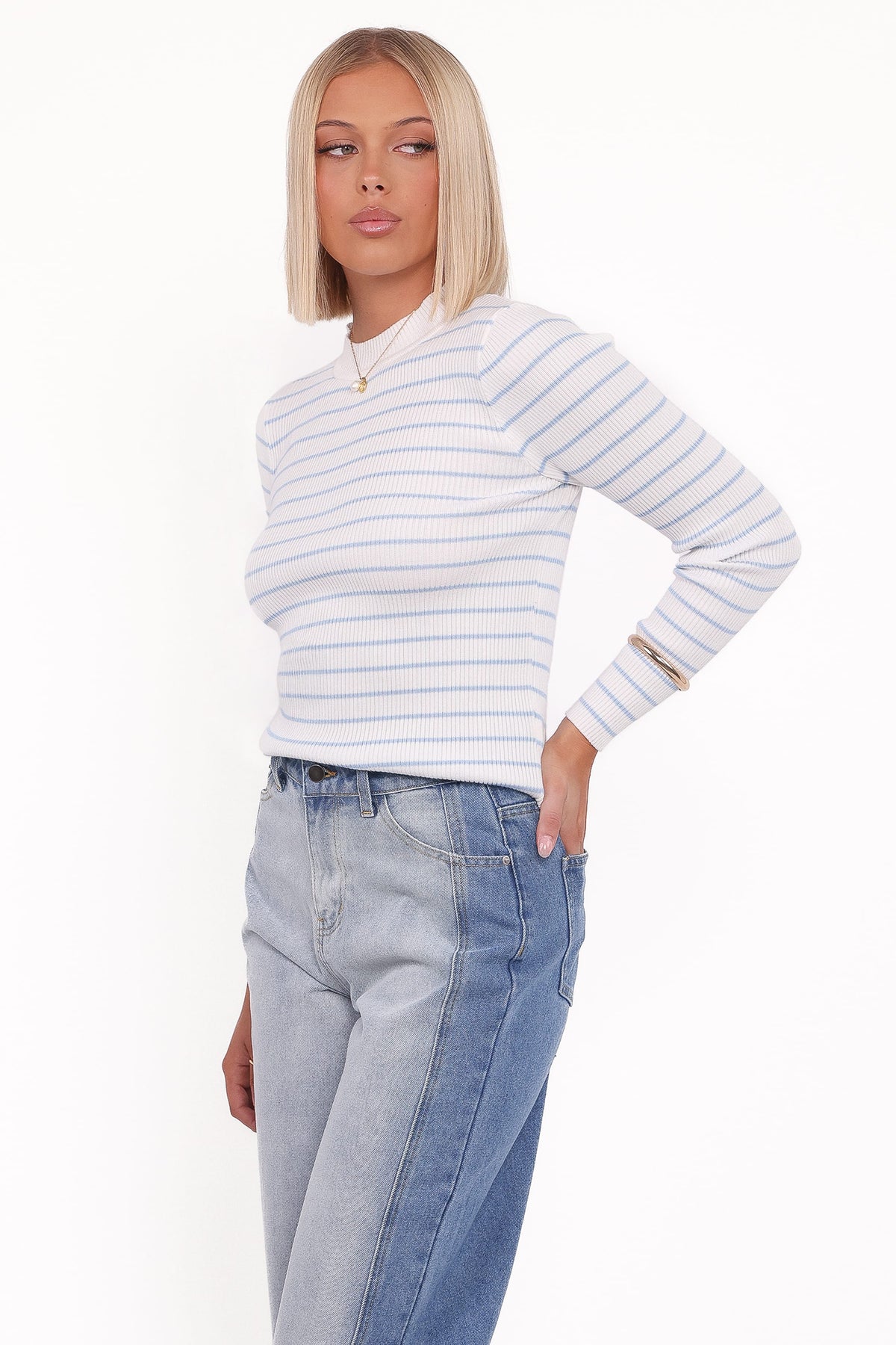 Stacie Ribbed Knit Top in Light Blue Stripe – view 2 of 5