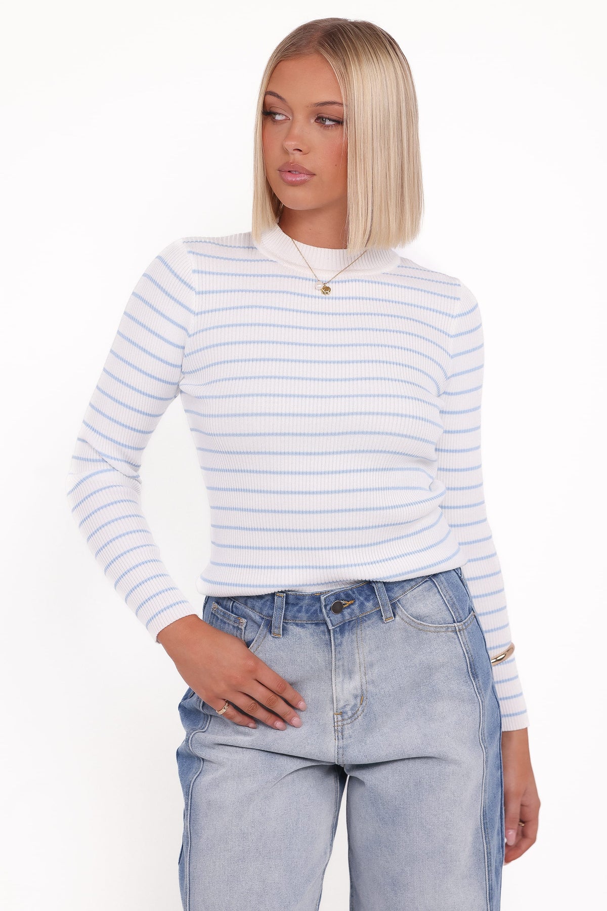 Stacie Ribbed Knit Top in Light Blue Stripe – view 1 of 5