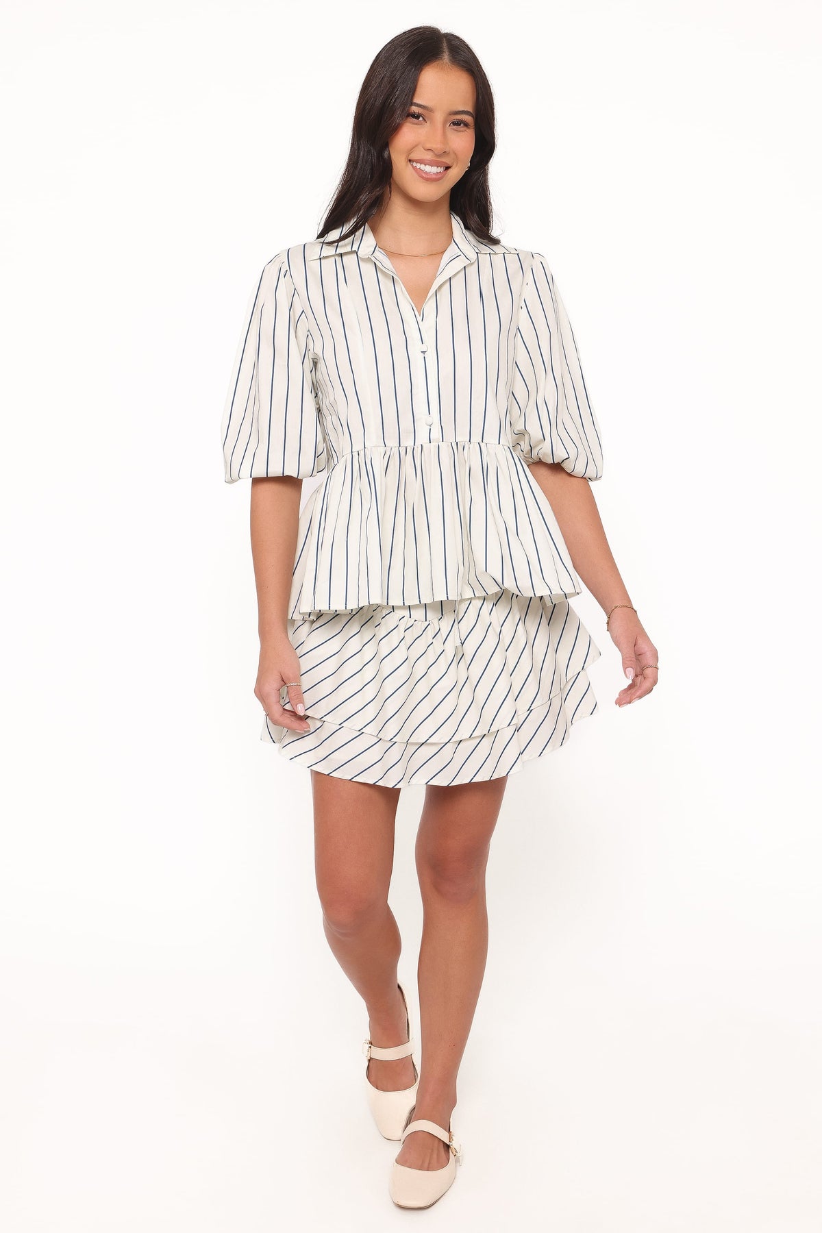 Thomas Short Sleeve Peplum Top in Yellow/Blue Stripe – view 5 of 7