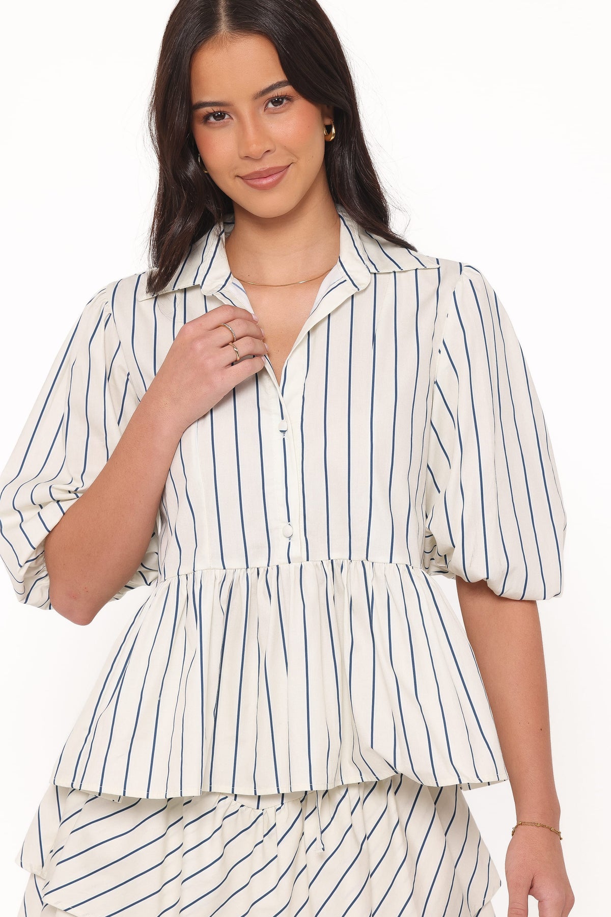 Thomas Short Sleeve Peplum Top in Yellow/Blue Stripe – view 2 of 7