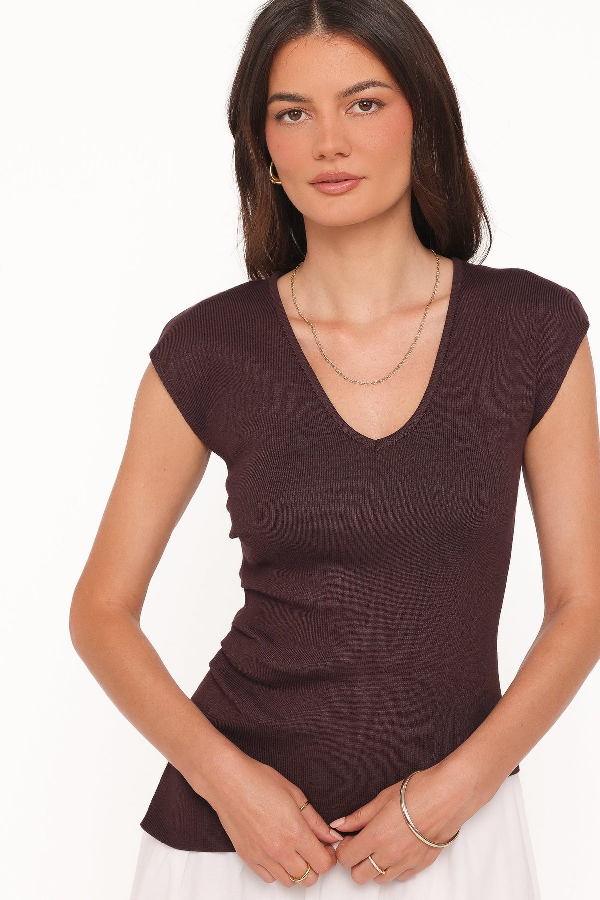 Tori Side Cinch Knitted Top in Chocolate Brown – view 2 of 7