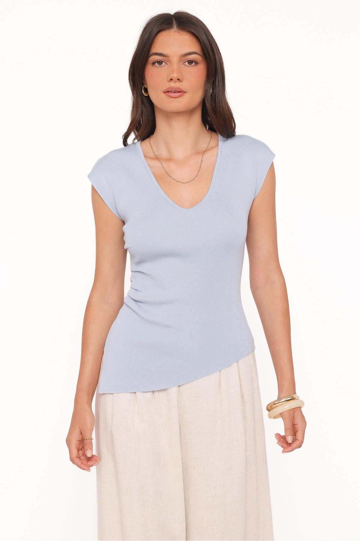 Tori Side Cinch Knitted Top in Light Blue – view 1 of 6