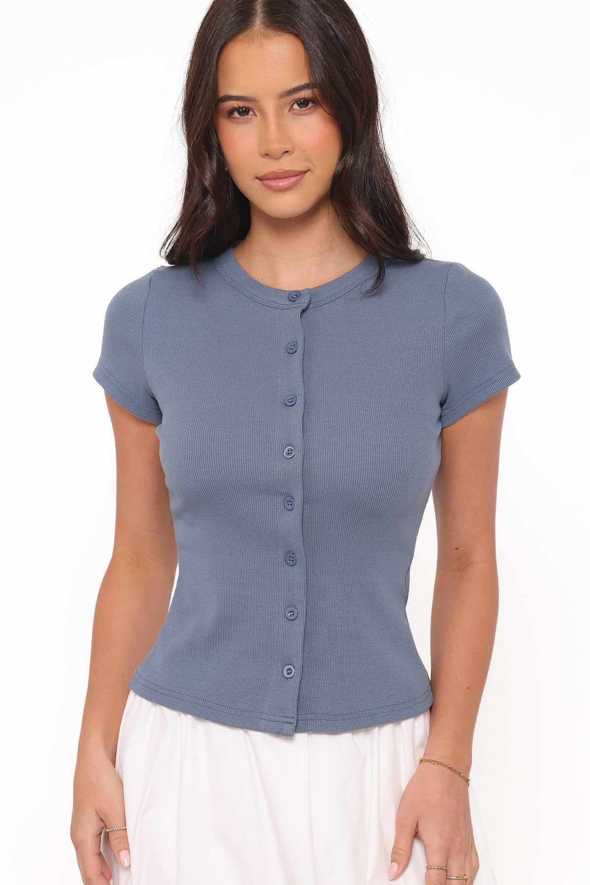 Tylarah Short Sleeve Cardigan Top in Denim Blue – view 2 of 7
