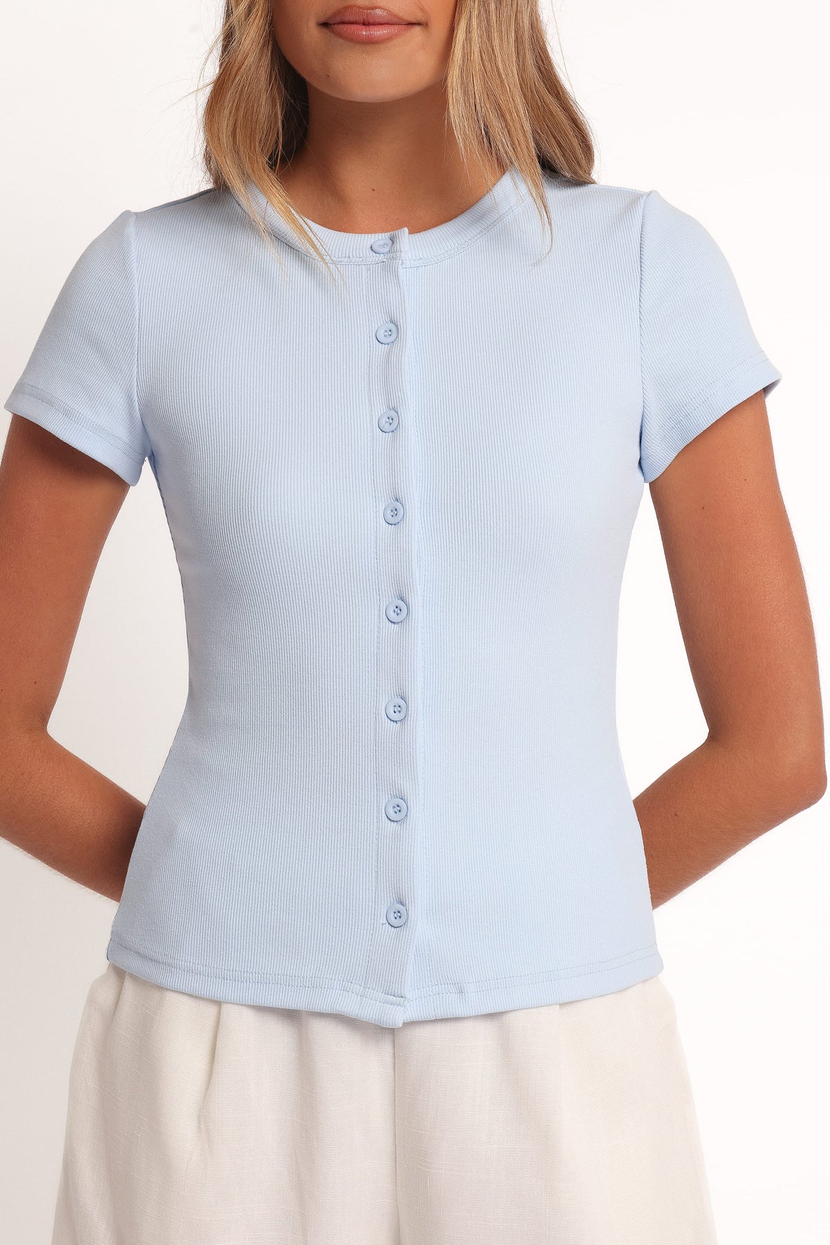 Tylarah Short Sleeve Cardigan Top in Light Blue – view 8 of 9