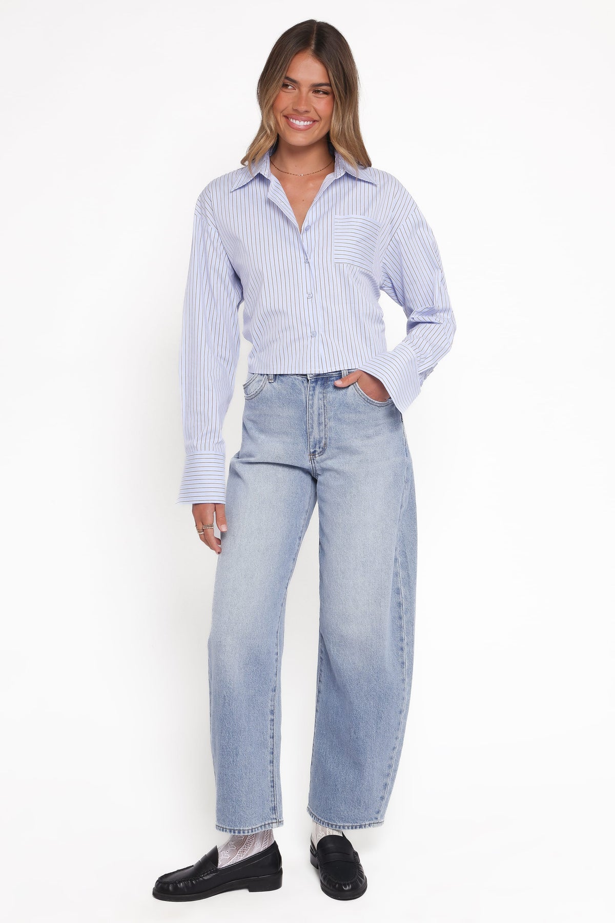 Vienne Tie Back Button Up Shirt in Blue/Brown Stripe – view 6 of 9
