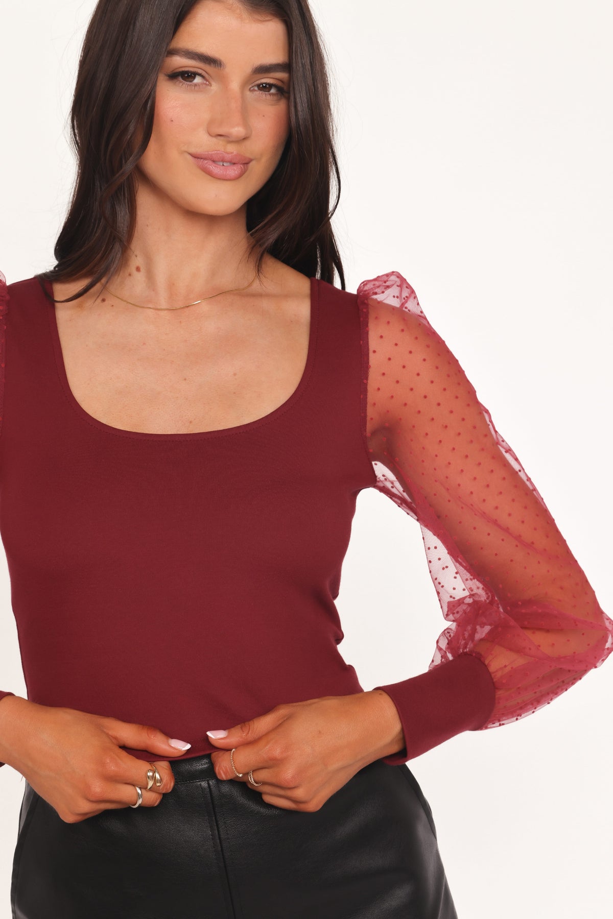 Wesson Sheer Sleeve Top in Merlot – view 5 of 6