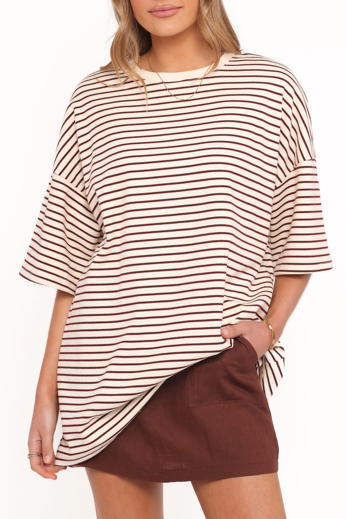 Wilda Oversized Tee in Cream Tan Stripe – view 3 of 8