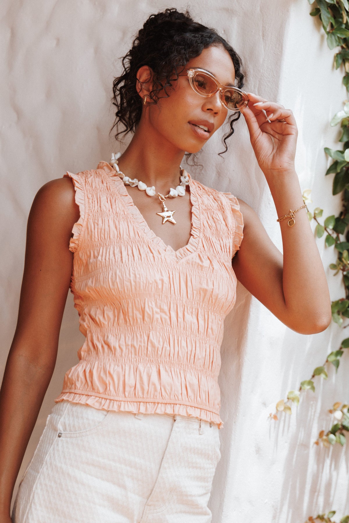 Xenia Smocked Top in Peach – view 1 of 7