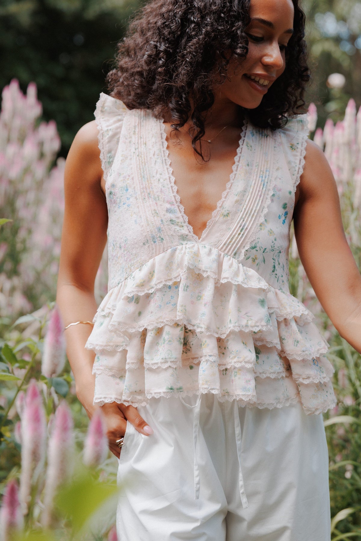 Yana Ruffle Top in Pastel Pink Floral – view 1 of 8