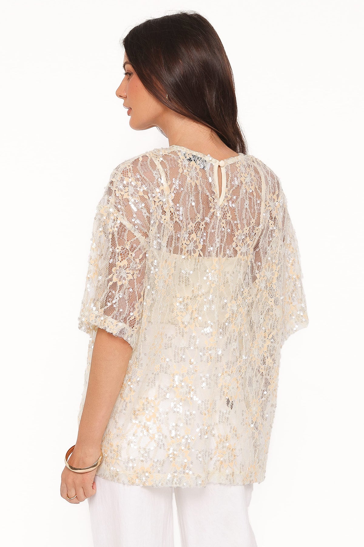 Yonder Sheer Lace Tee Top in Pale Yellow – view 5 of 9