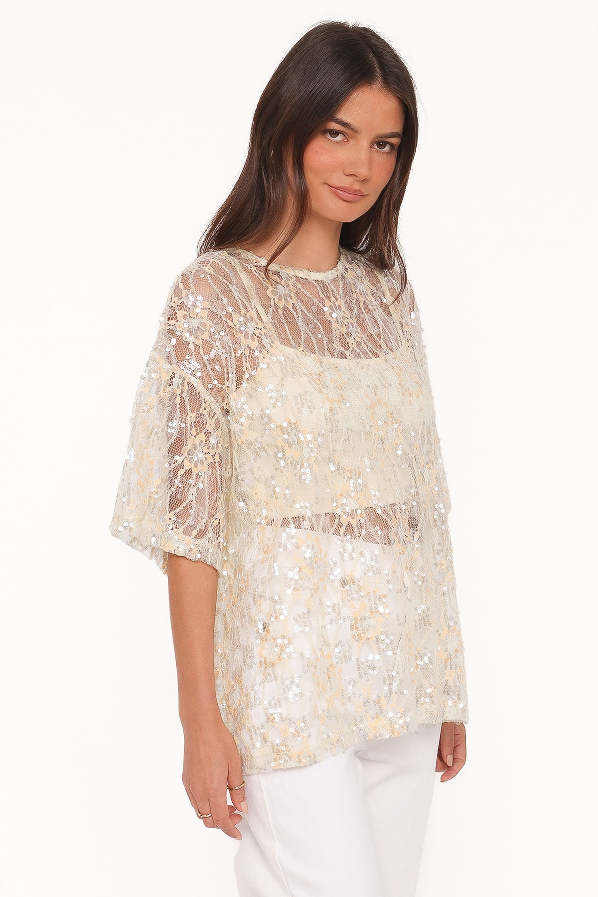 Yonder Sheer Lace Tee Top in Pale Yellow – view 4 of 9