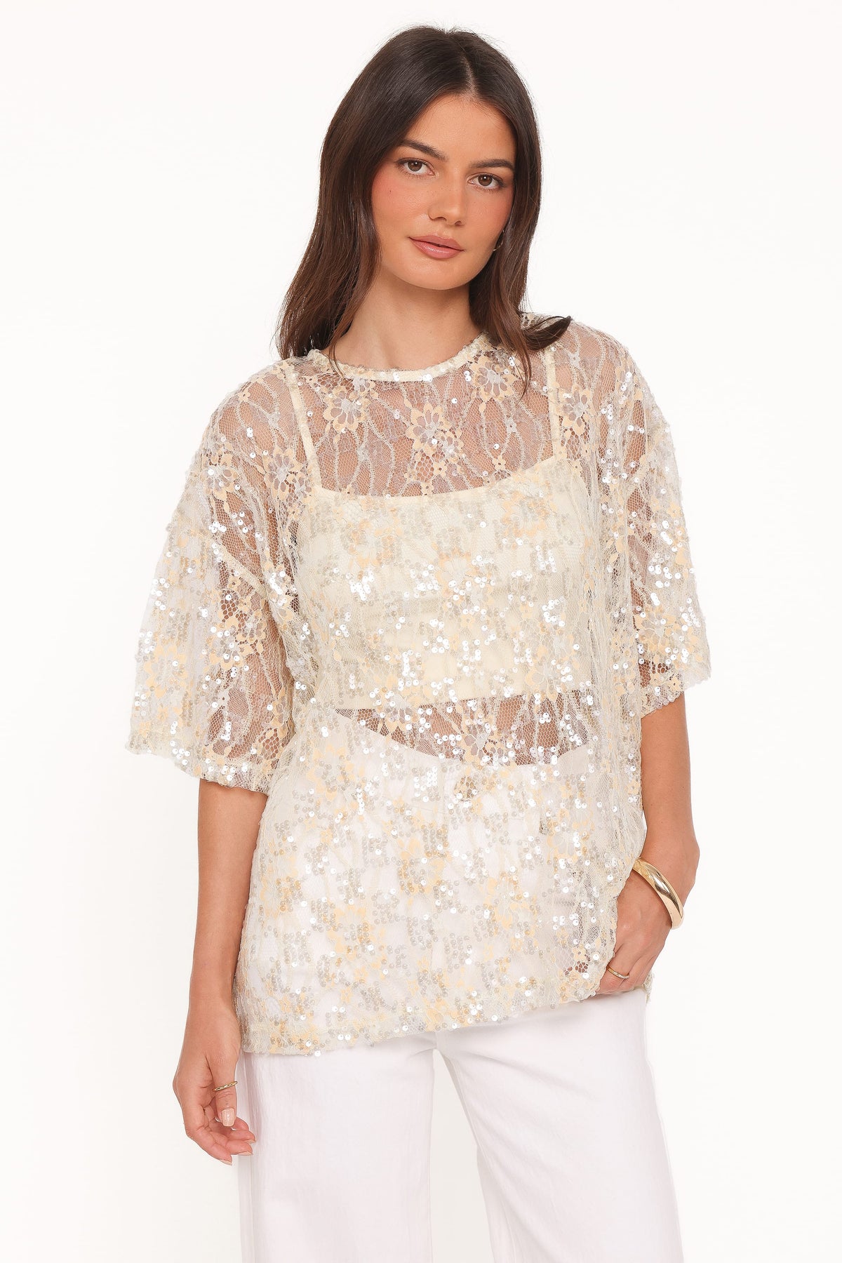 Yonder Sheer Lace Tee Top in Pale Yellow – view 2 of 9