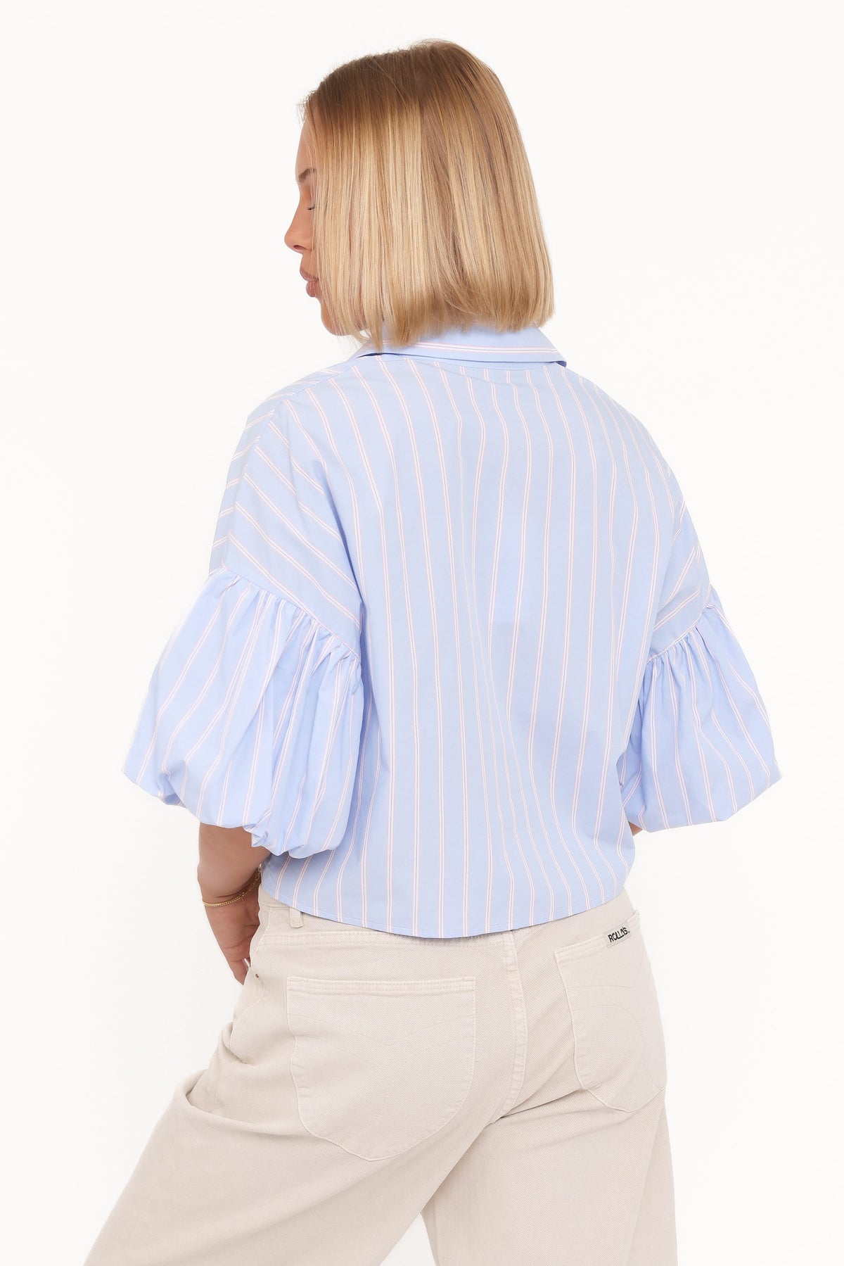 Zella Puff Sleeve Button Up Shirt in Blue White Stripe – view 5 of 8