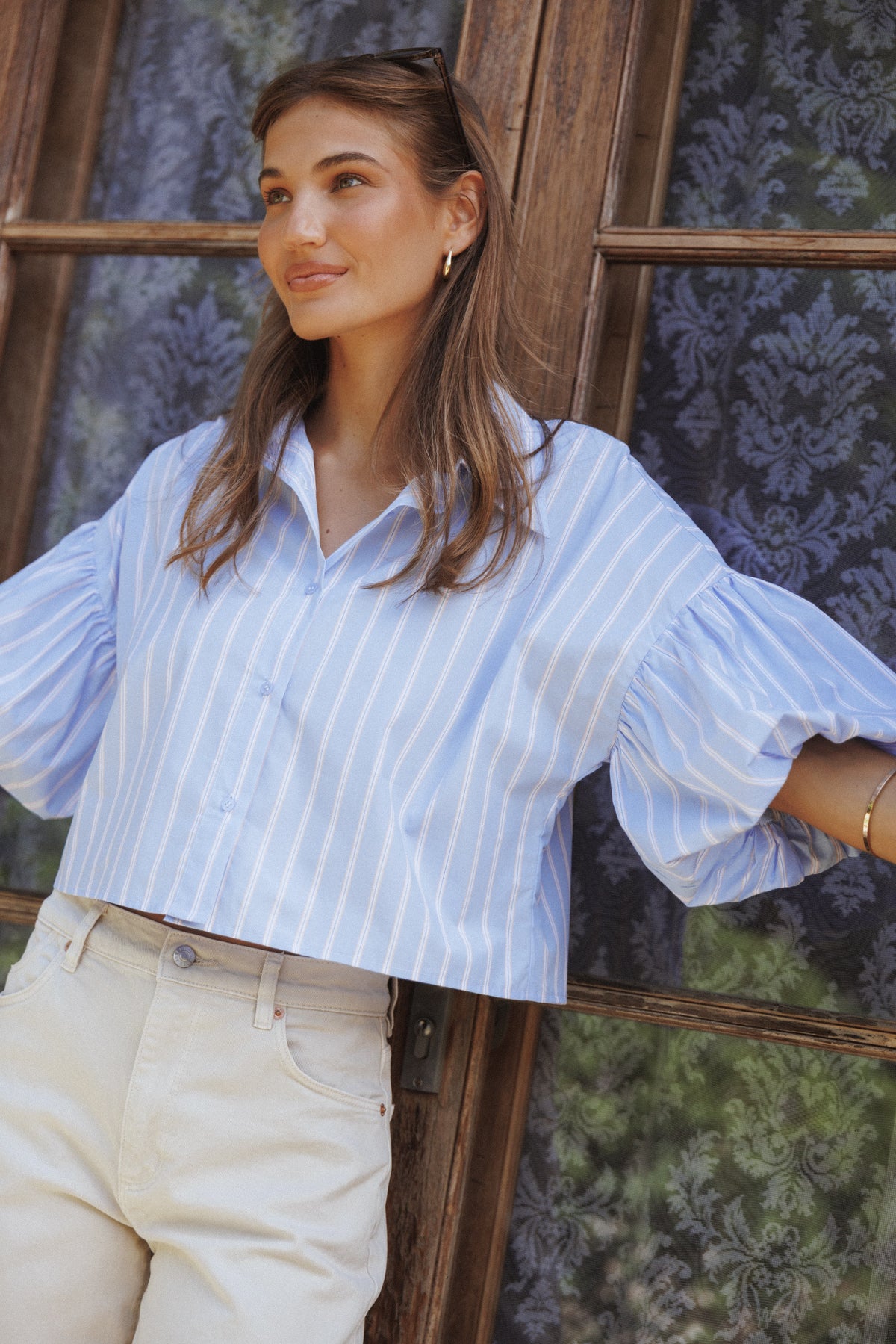 Zella Puff Sleeve Button Up Shirt in Blue White Stripe – view 1 of 8