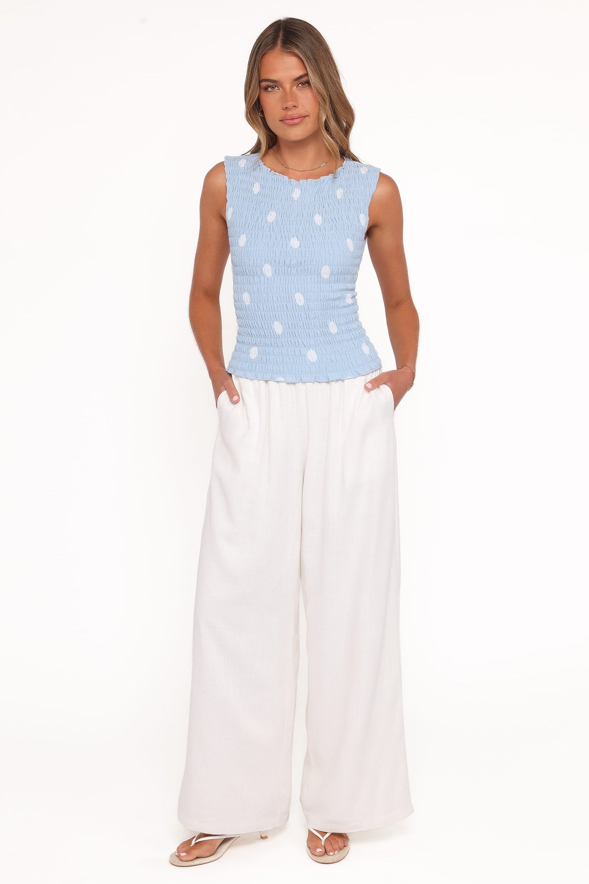 Zoya Shirred Top in Blue Polka Dot – view 7 of 9