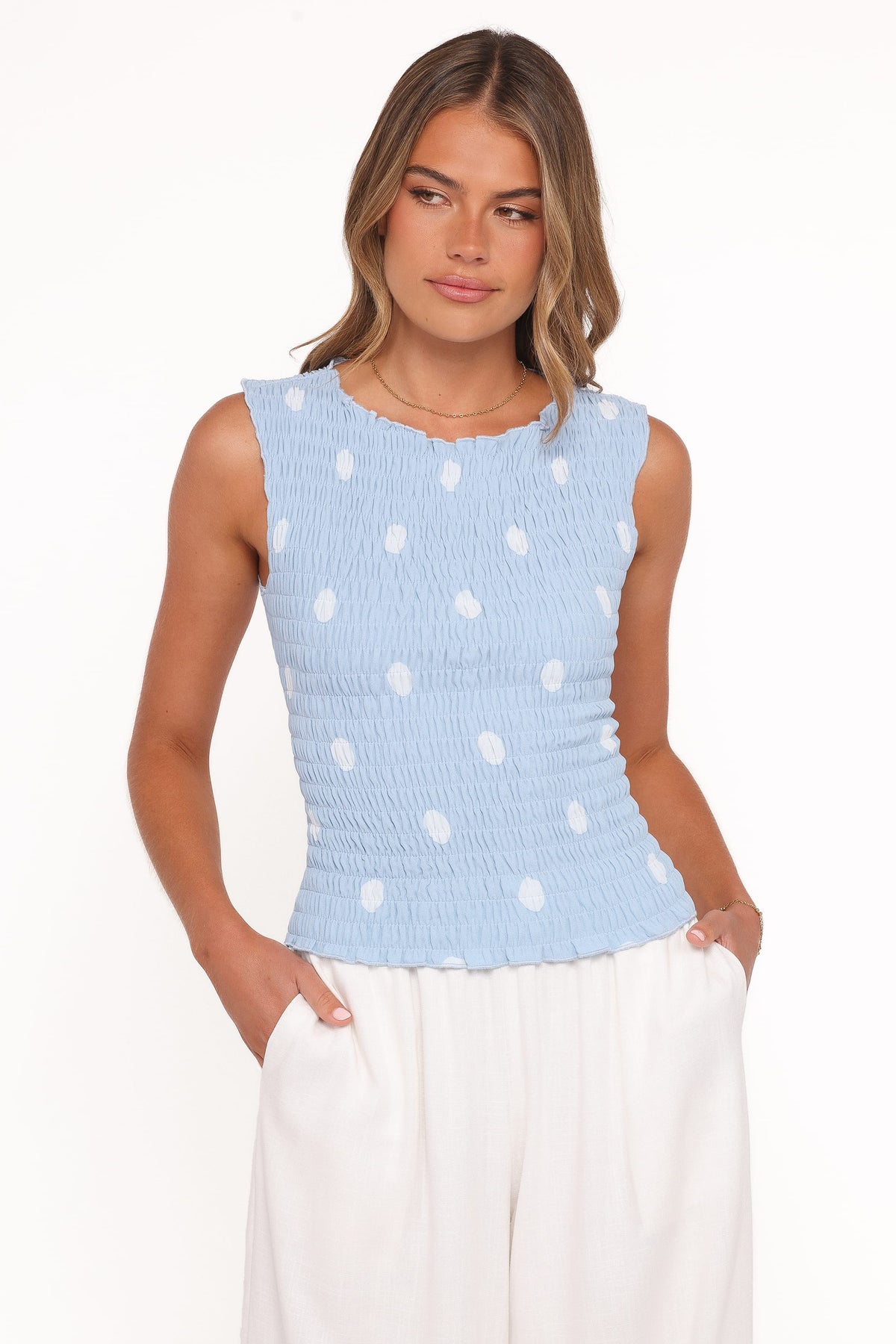 Zoya Shirred Top in Blue Polka Dot – view 2 of 9