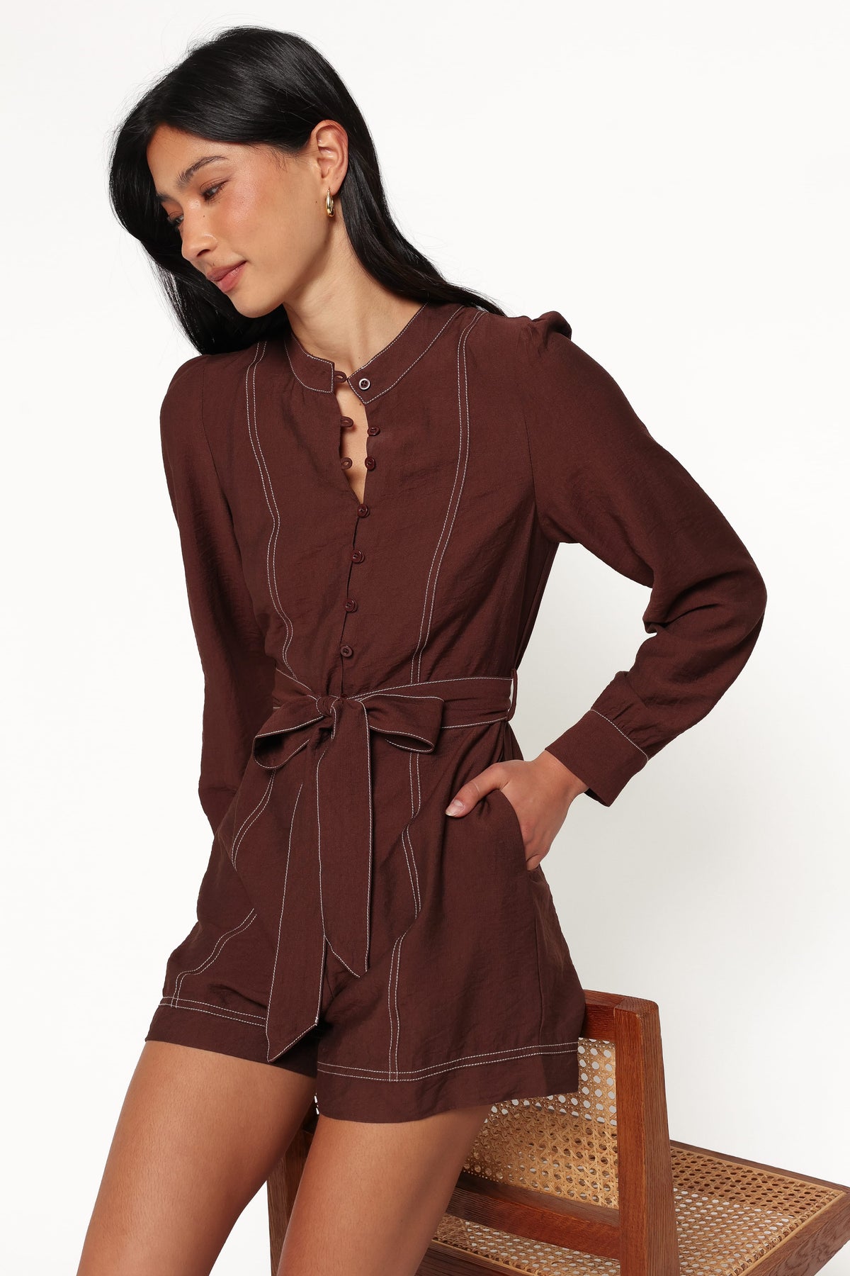 Benni Long Sleeve Romper in Chocolate – view 1 of 7