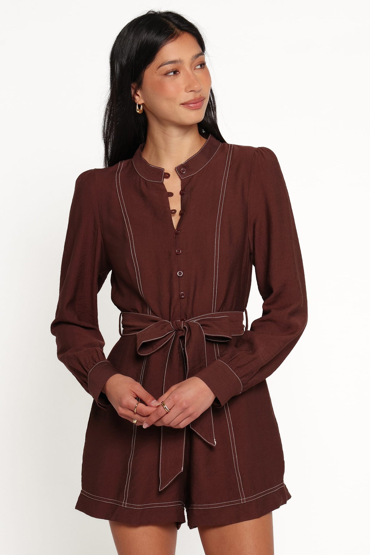 Benni Long Sleeve Romper in Chocolate – view 2 of 7