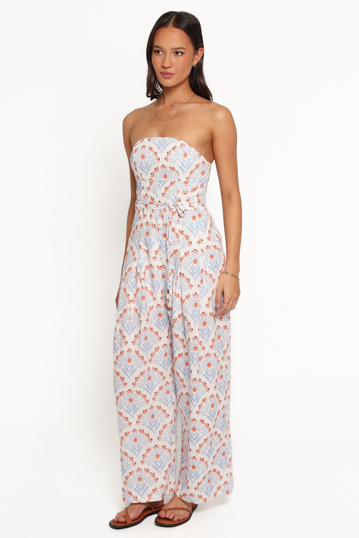 Calliope Tie Waist Jumpsuit in White Blue – view 3 of 8