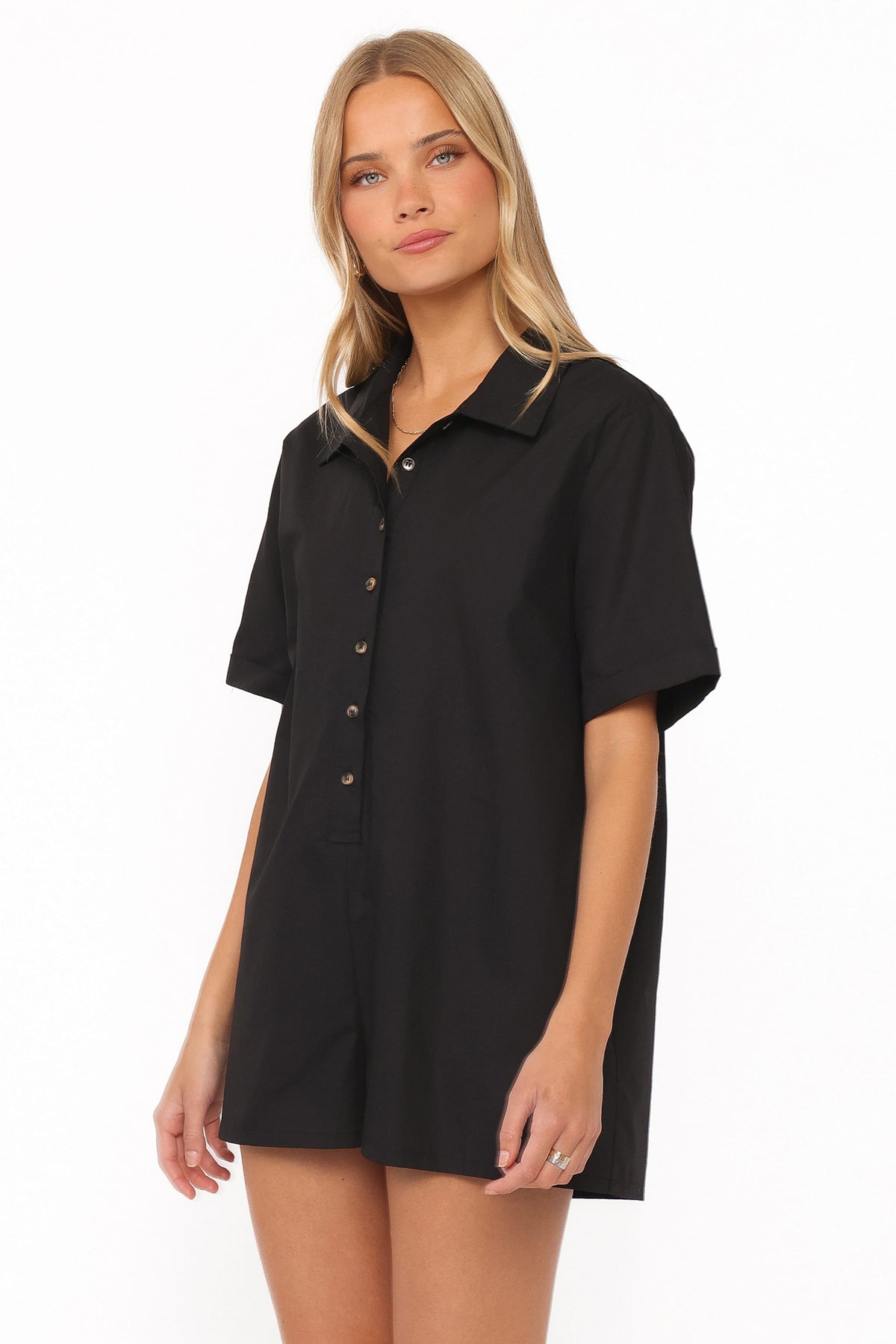 Calypso Button Front Romper in Black – view 3 of 6