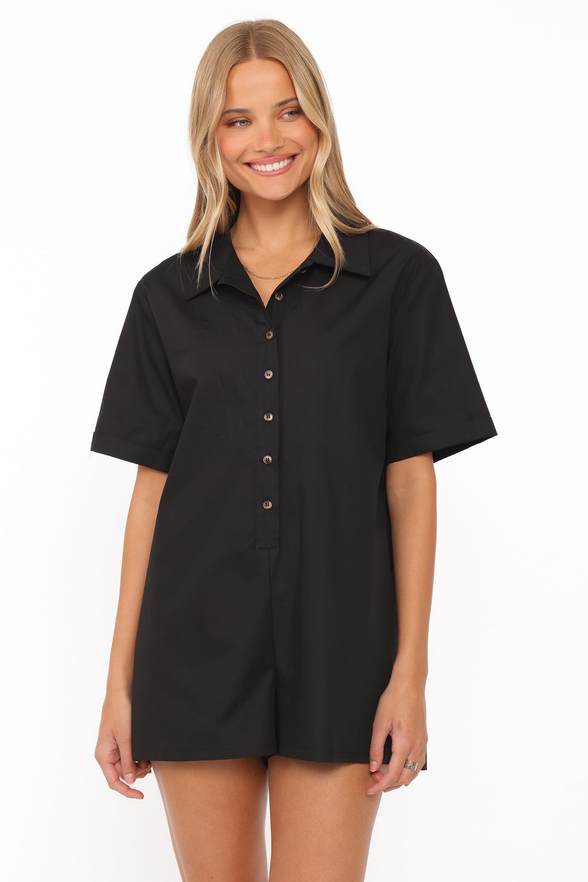 Calypso Button Front Romper in Black – view 1 of 6