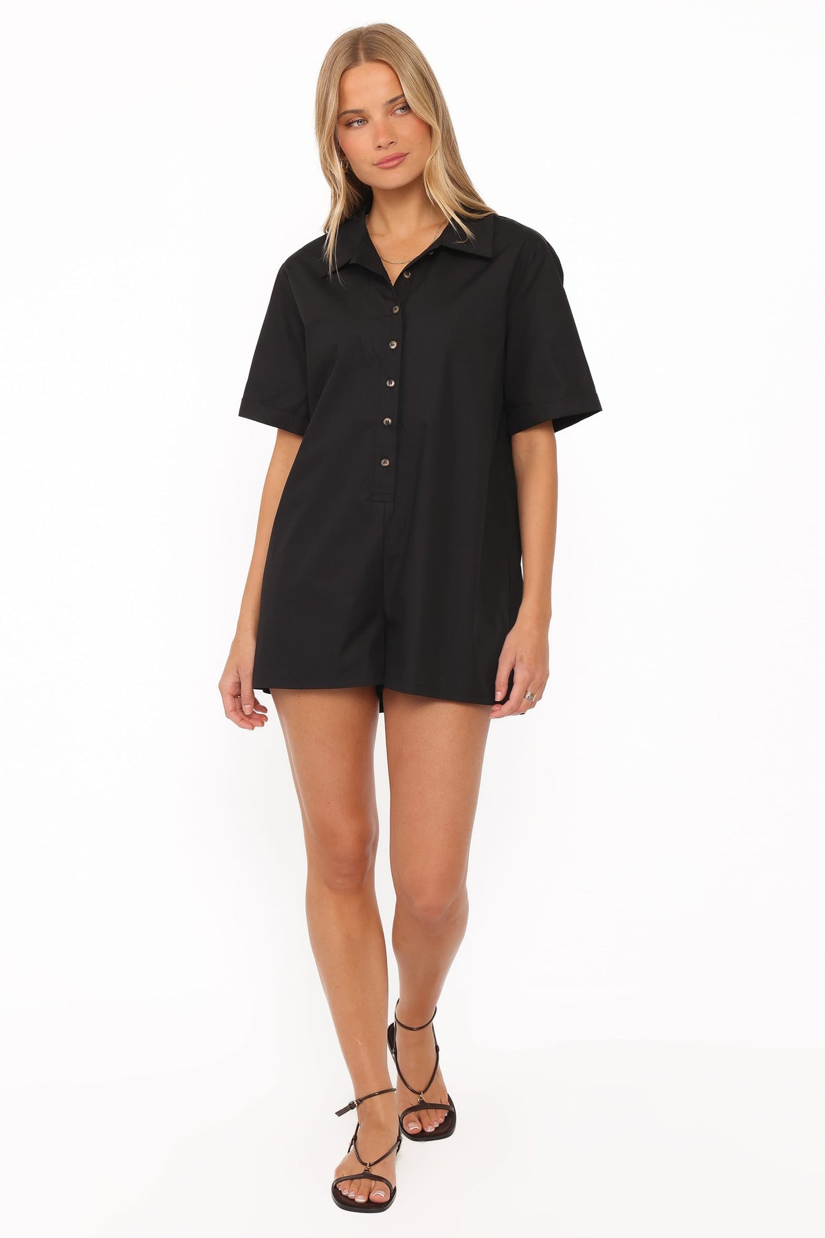 Calypso Button Front Romper in Black – view 2 of 6