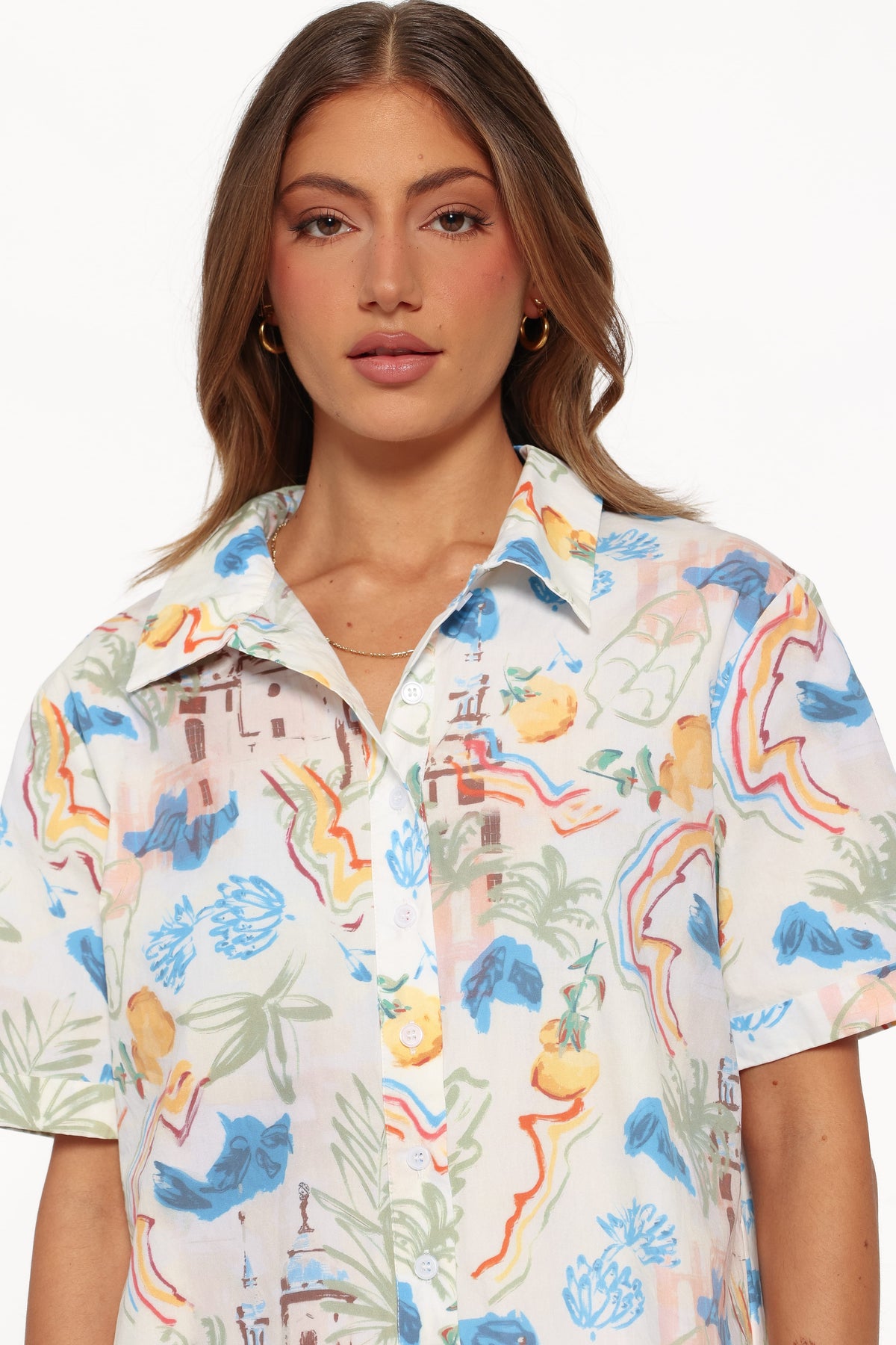 Calypso Button Front Romper in White Multi – view 5 of 6