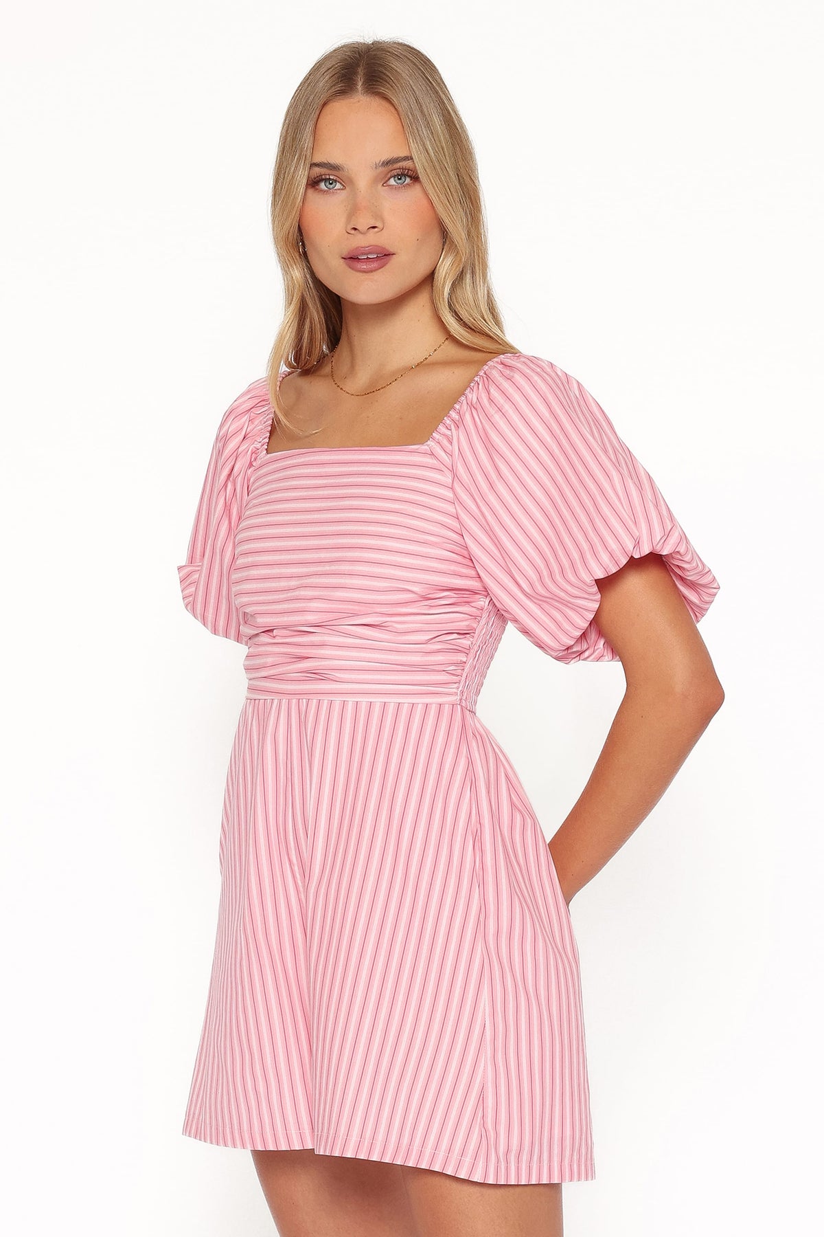 Clo Puff Sleeve Romper in Pink Stripe – view 4 of 8