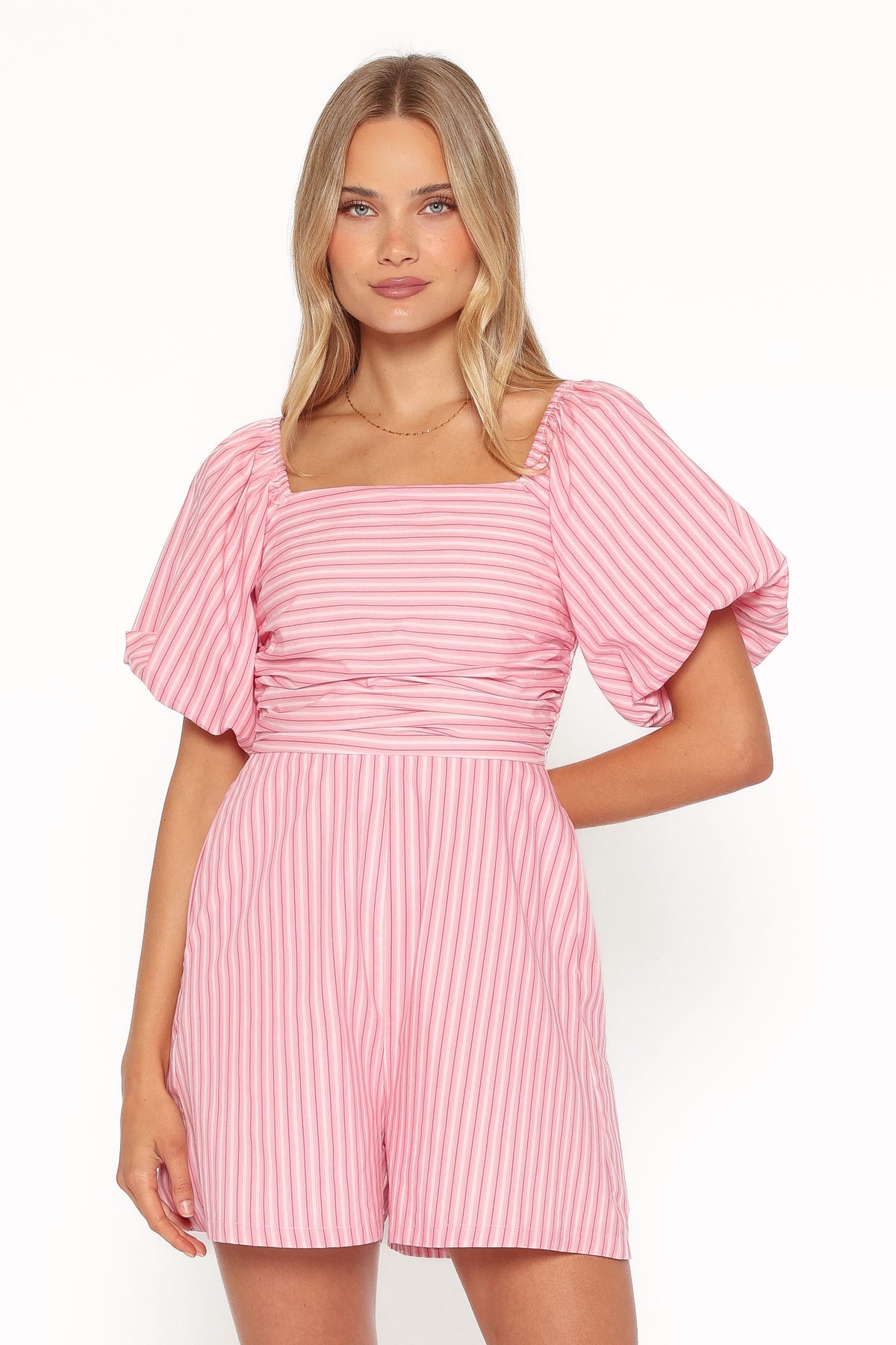 Clo Puff Sleeve Romper in Pink Stripe – view 2 of 8
