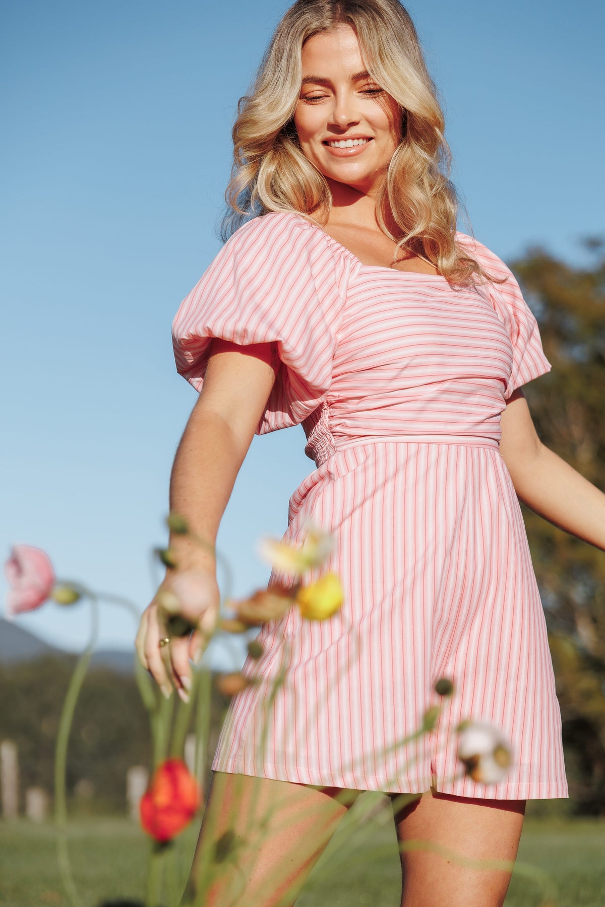 Clo Puff Sleeve Romper in Pink Stripe – view 1 of 8