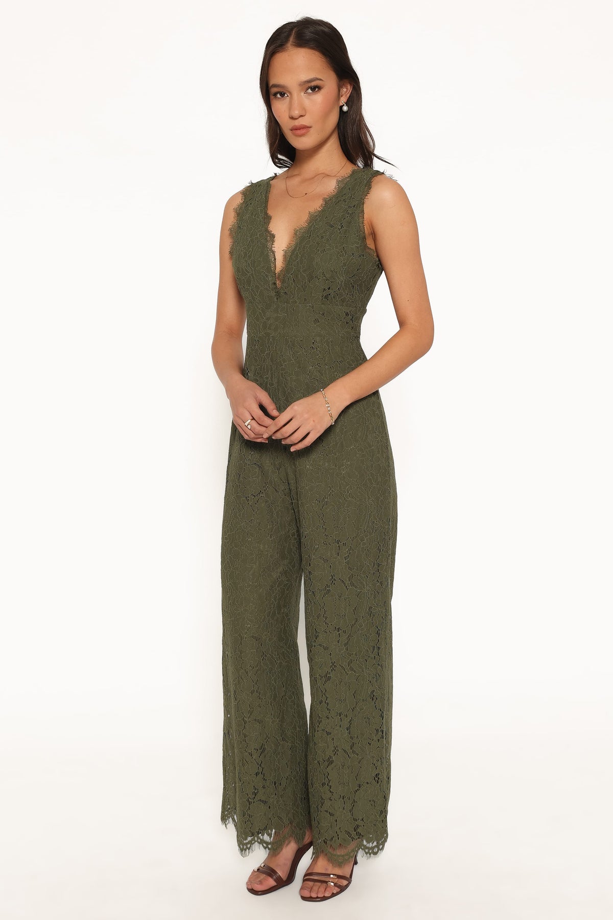 Eloise Lace Jumpsuit in Olive Green – view 2 of 7