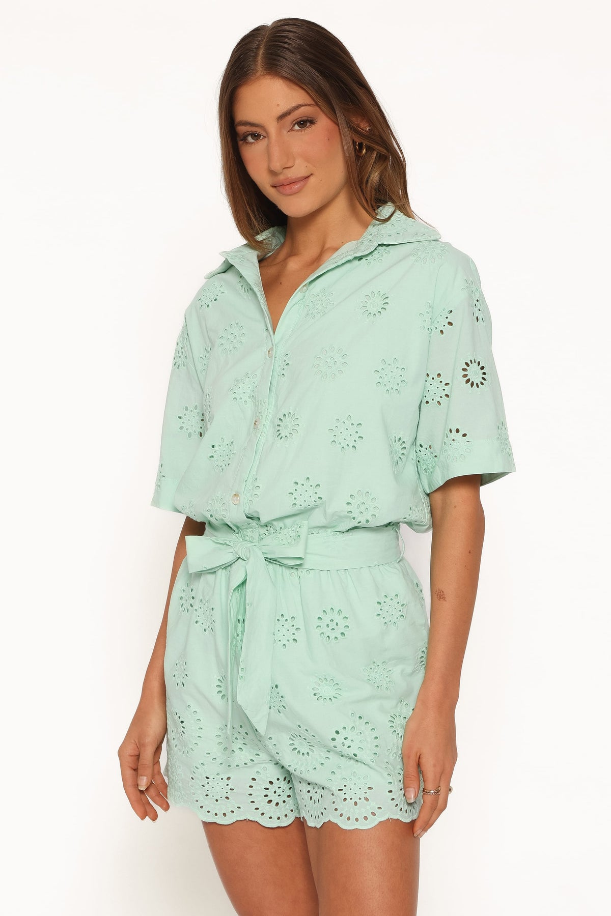 Jamie Tie Front Romper in Mint Broderie – view 1 of 6