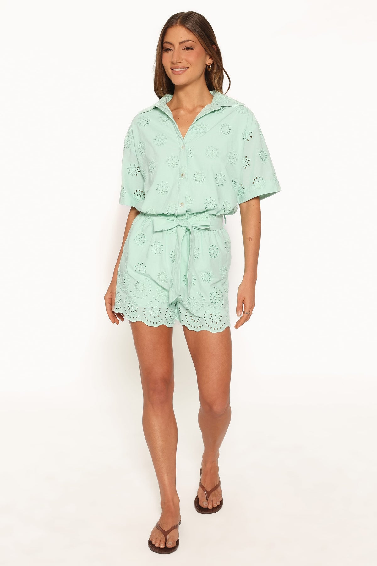 Jamie Tie Front Romper in Mint Broderie – view 2 of 6