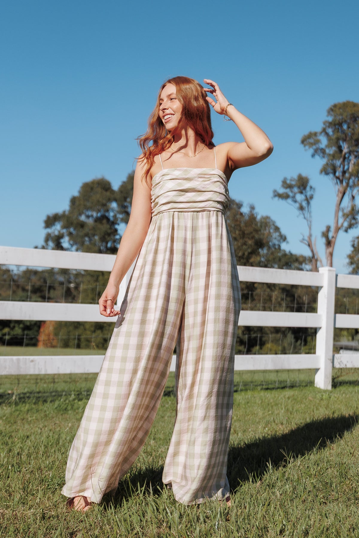 Pricilla Jumpsuit in Green/Pink Gingham – view 1 of 7