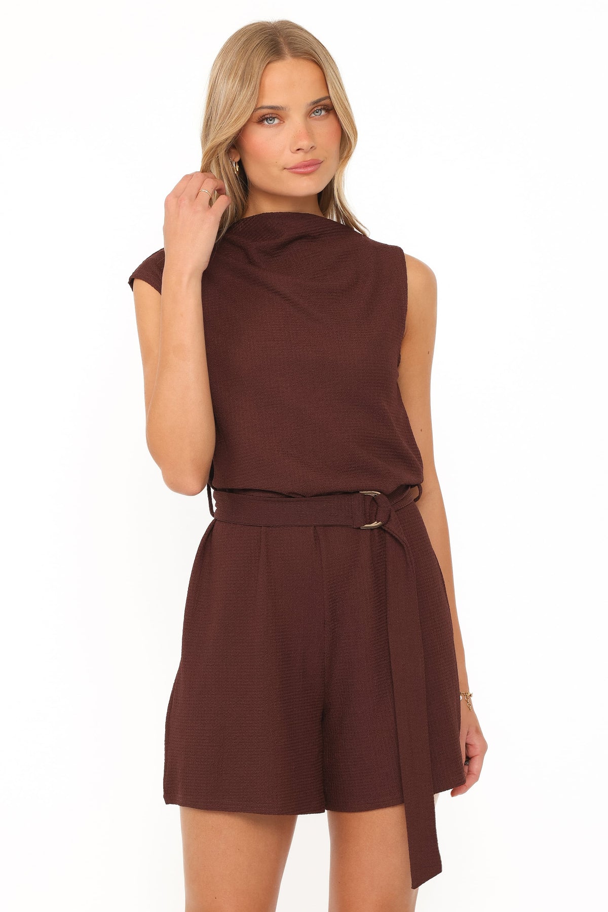 Zaia Belted Knit Romper in Chocolate Brown – view 1 of 6