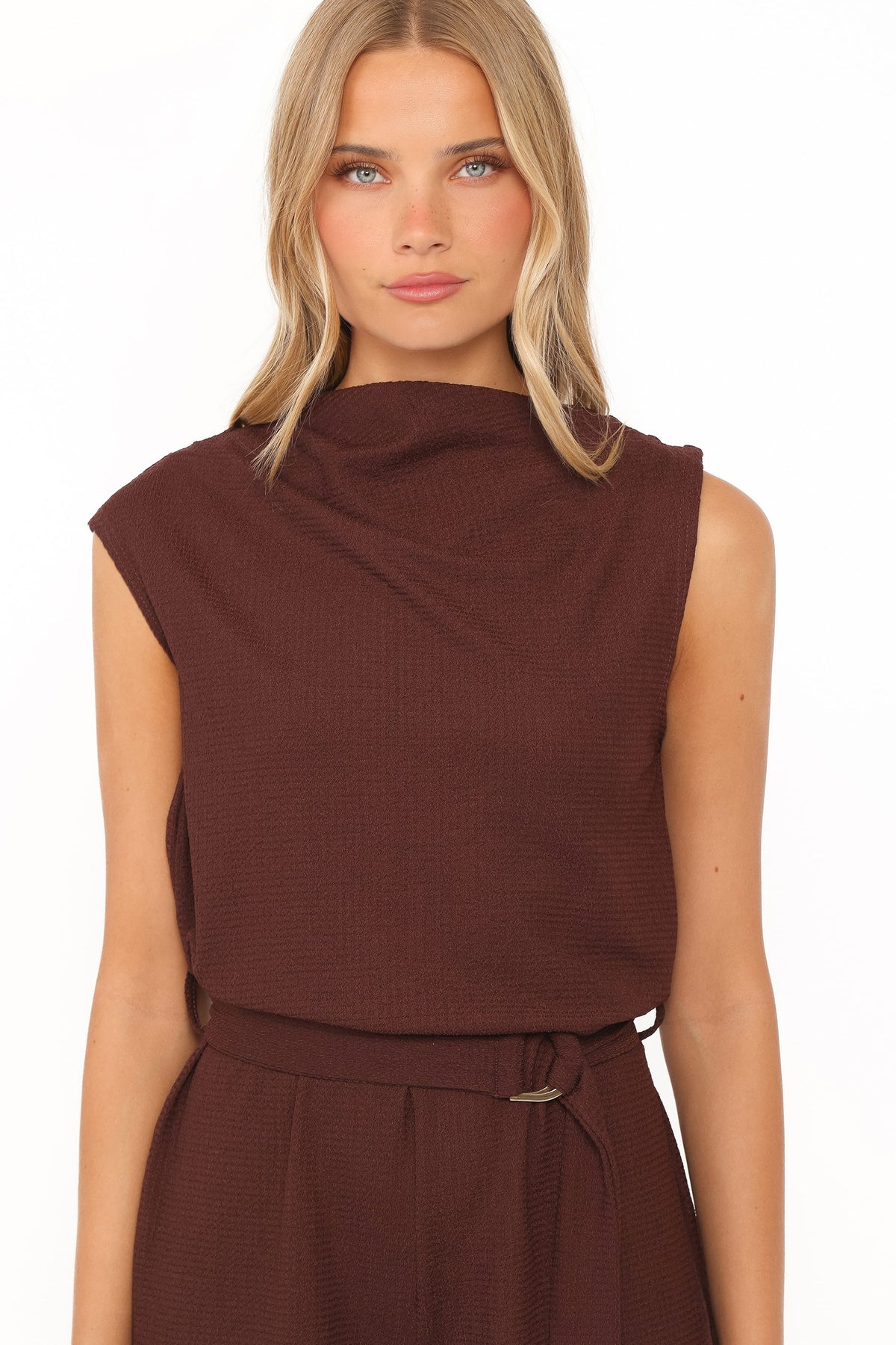 Zaia Belted Knit Romper in Chocolate Brown – view 5 of 6