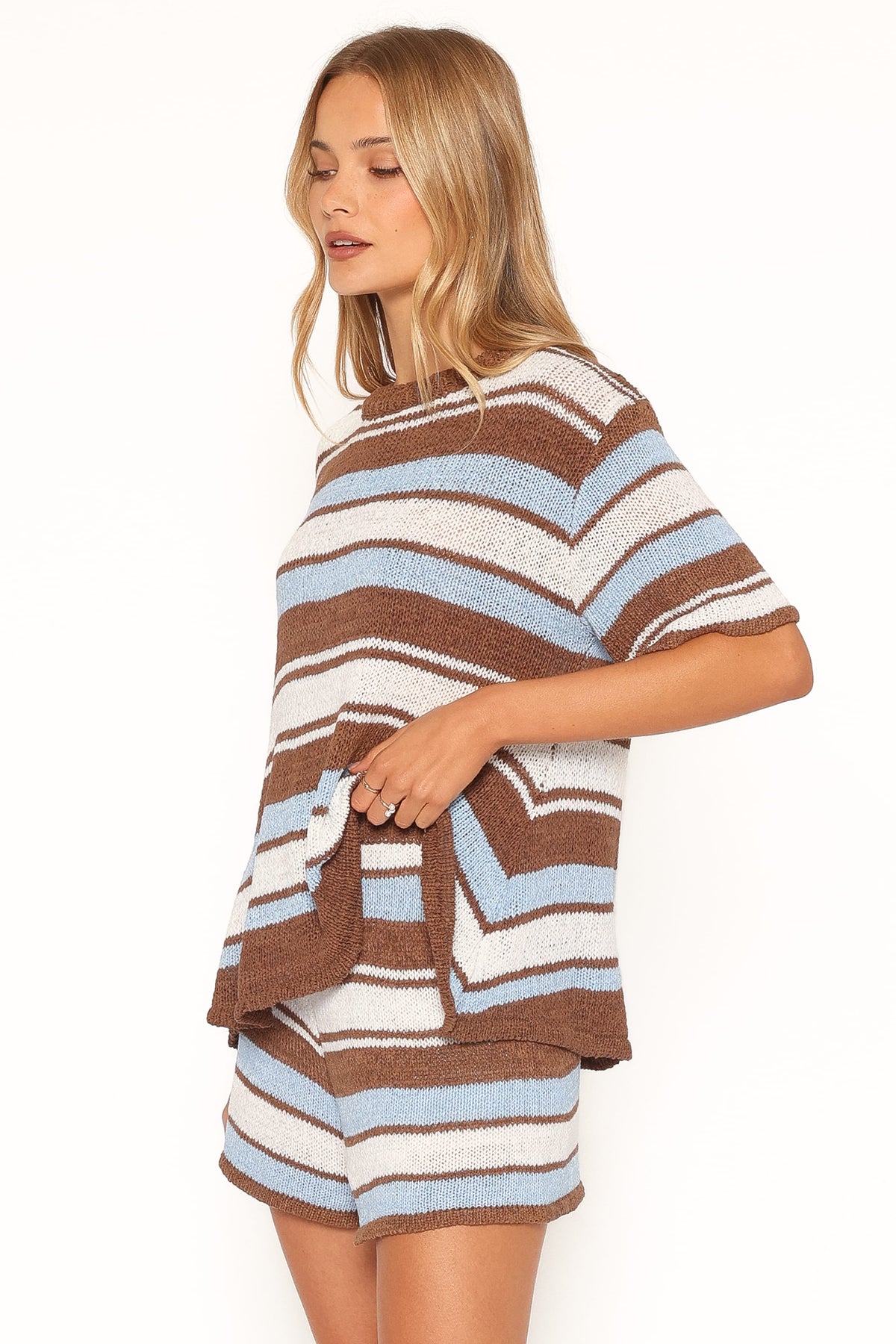 Aisling Knitted Short Set in Blue Brown Stripe – view 3 of 7